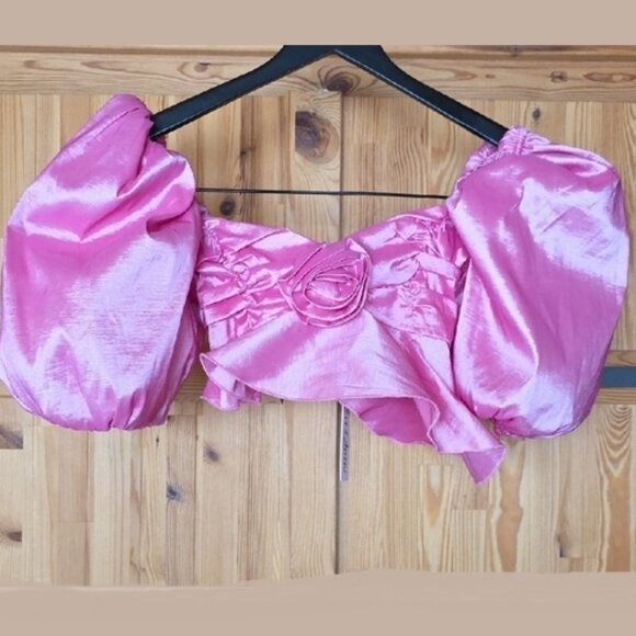 NWT FOR LOVE AND LEMONS JUDITH PINK SATIN CROPPED BLOUSE TOP SIZE S - Picture 4 of 8